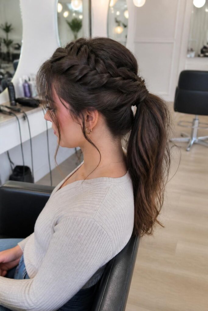 French braid ponytail with half-up twist