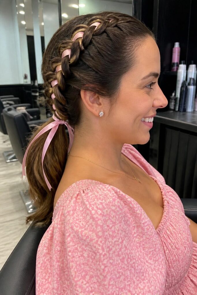 French braid ponytail with ribbon