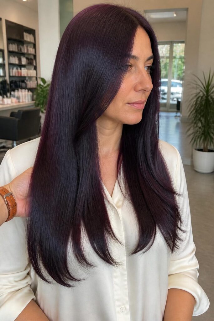 Glossy eggplant straight hair