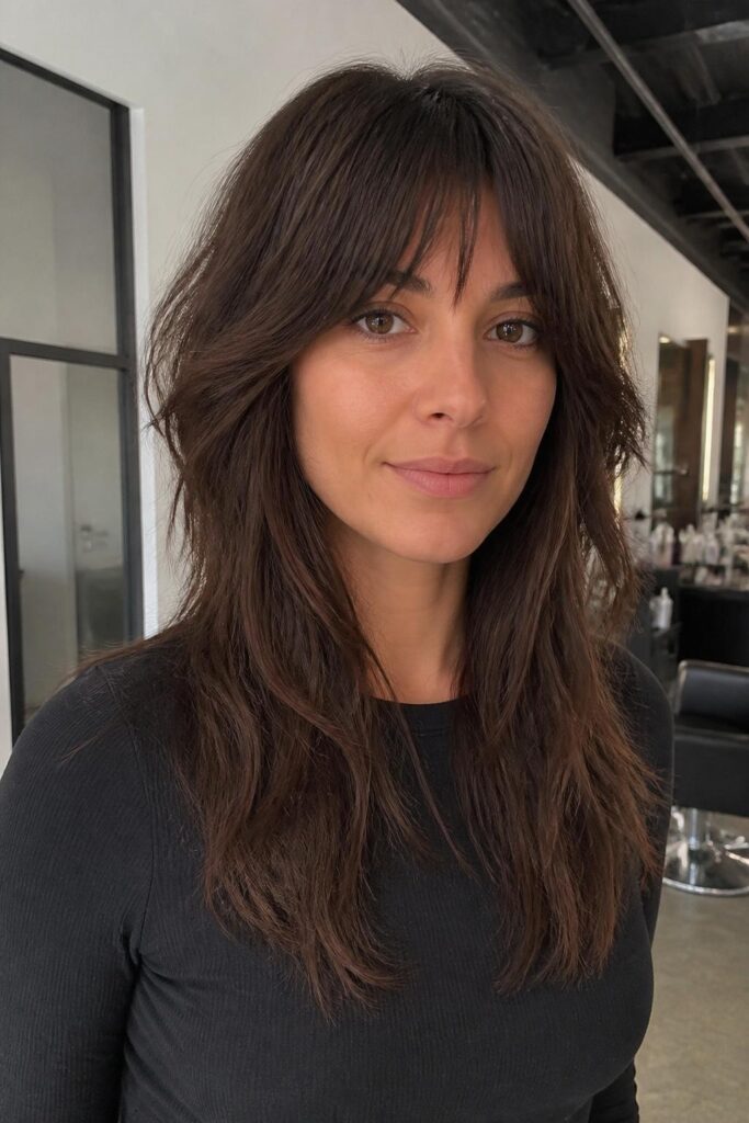 Heart face shaggy long cut with blunt bangs 683x1024 1