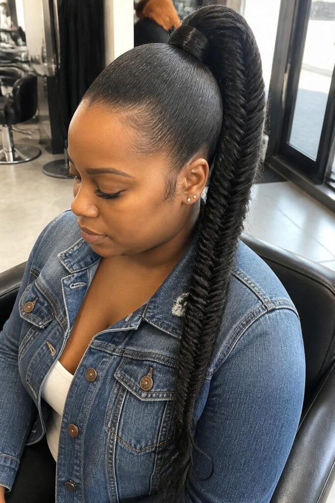 High ponytail with a fishtail braid