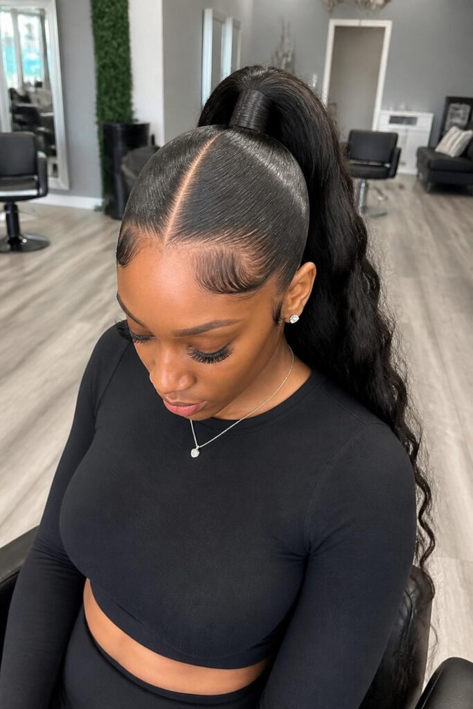 High ponytail with a middle part