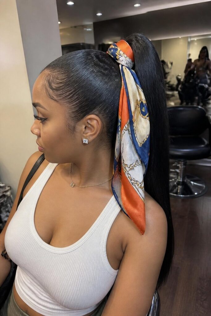 High ponytail with a scarf