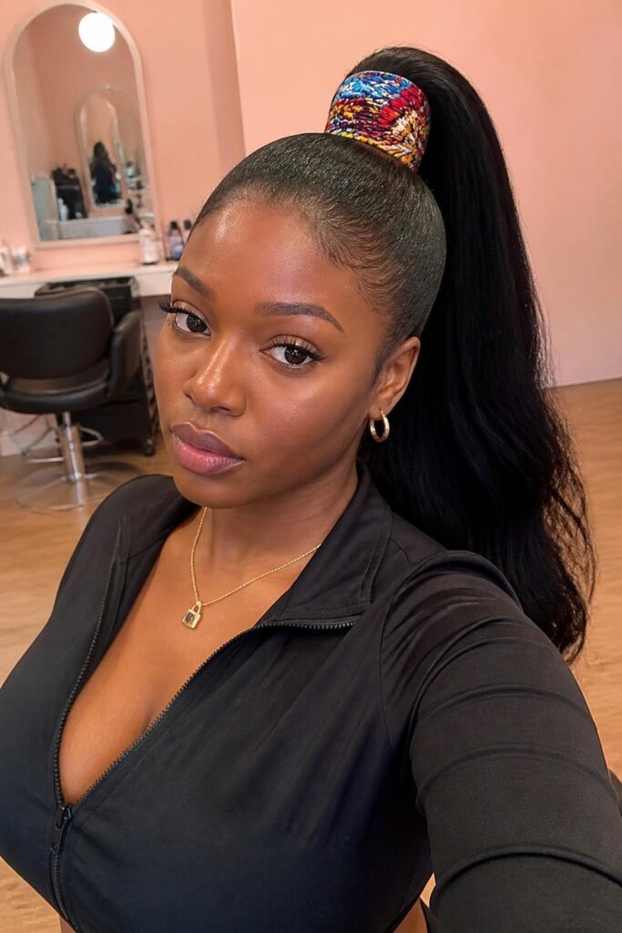 High ponytail with a wrap