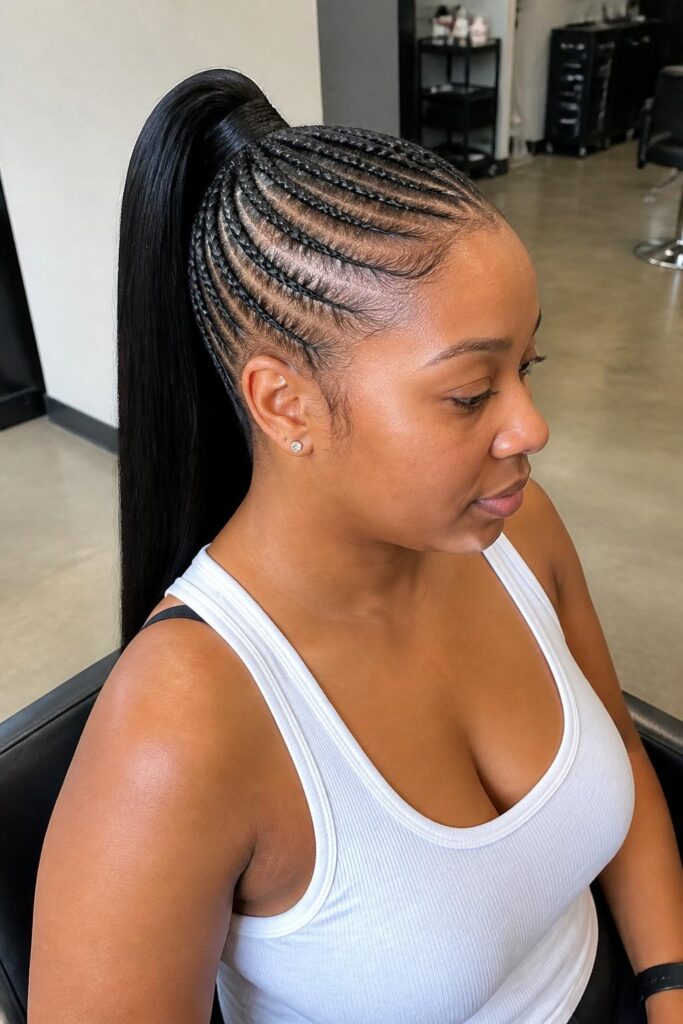 High ponytail with cornrowed sides