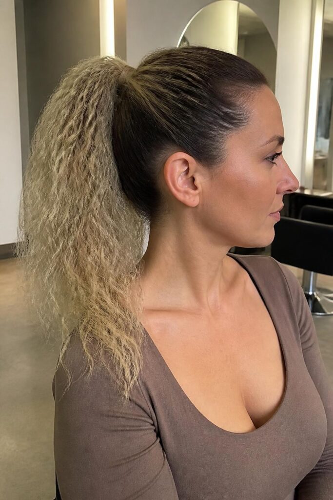 High ponytail with crimped texture