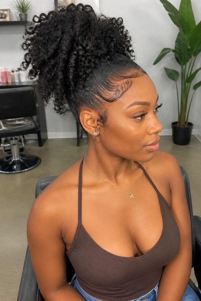 High ponytail with kinky curls