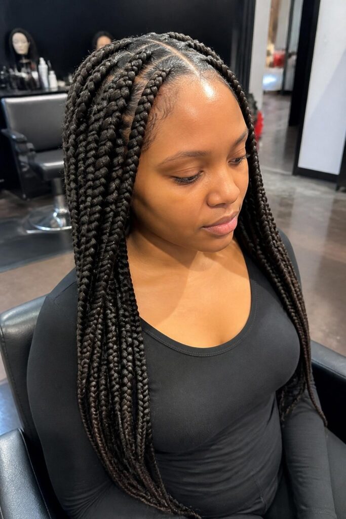 Jumbo knotless braids with a middle part