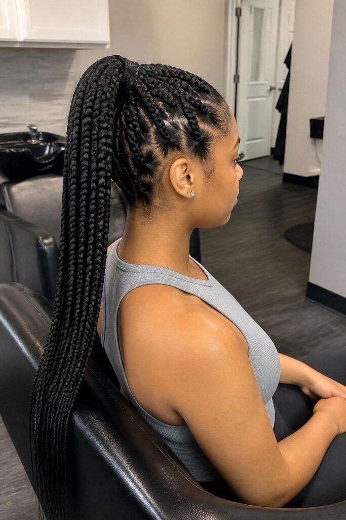 Large knotless braids in a high ponytail