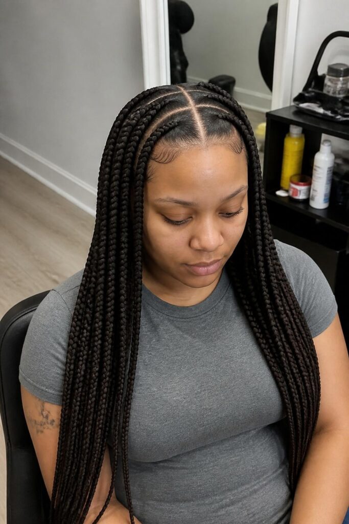 Large knotless braids with a center part and cornrows