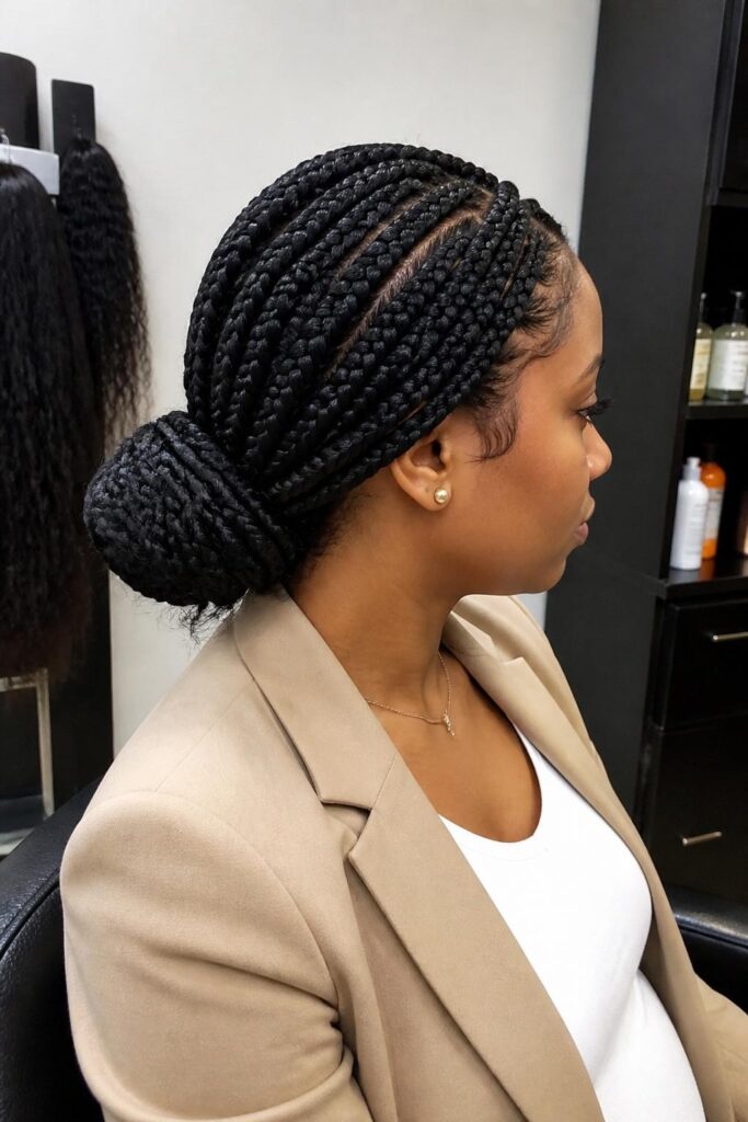 Large knotless braids with a low bun