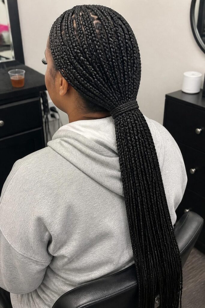 Large knotless braids with a sleek low ponytail