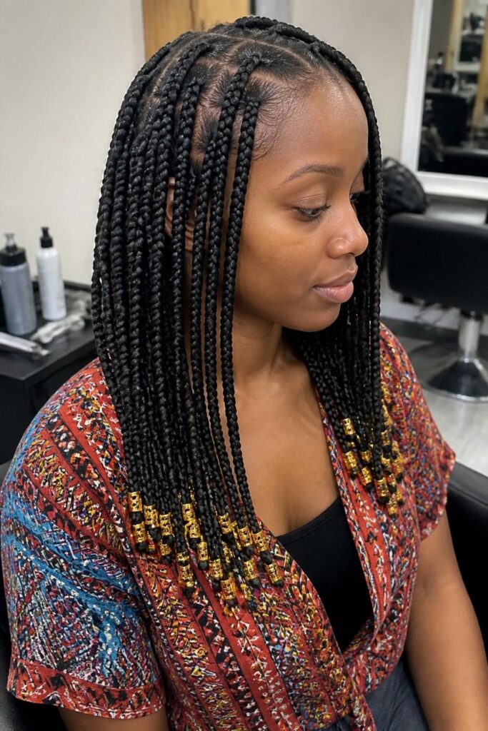Large knotless braids with beads on ends