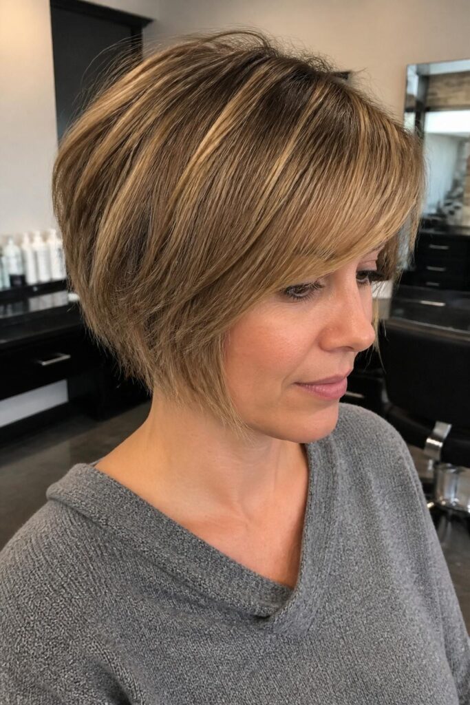 Layered choppy bob with side swept bangs