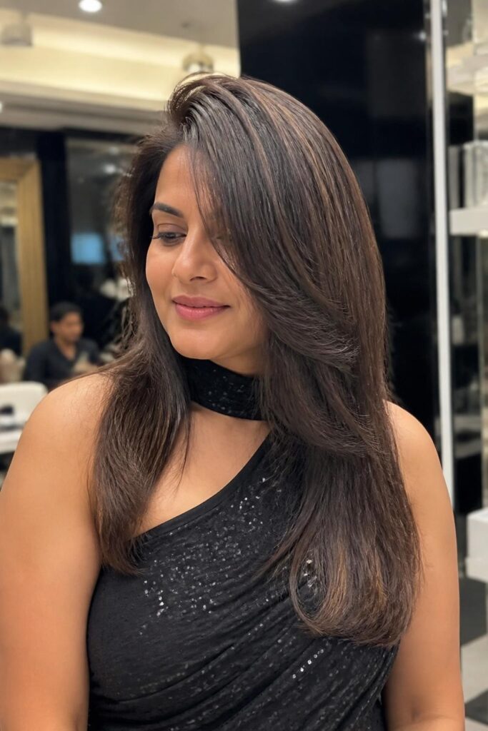 Layered hair with a deep side sweep