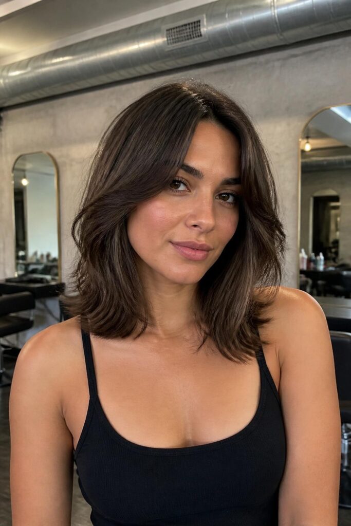 Layered lob with curtain bangs