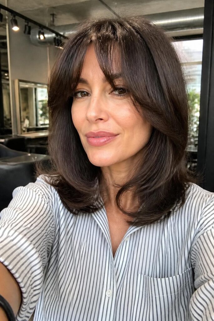 Layered long bob with curtain bangs