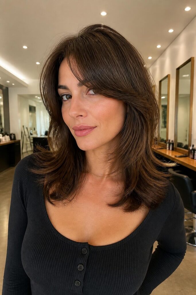 Layered shag with curtain bangs for fine hair