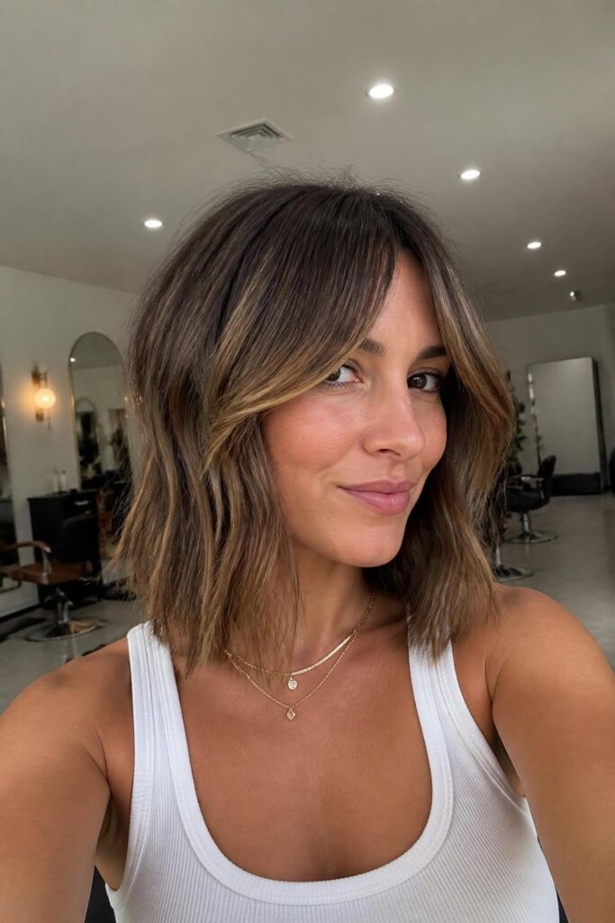 Long bob with curtain bangs and highlights