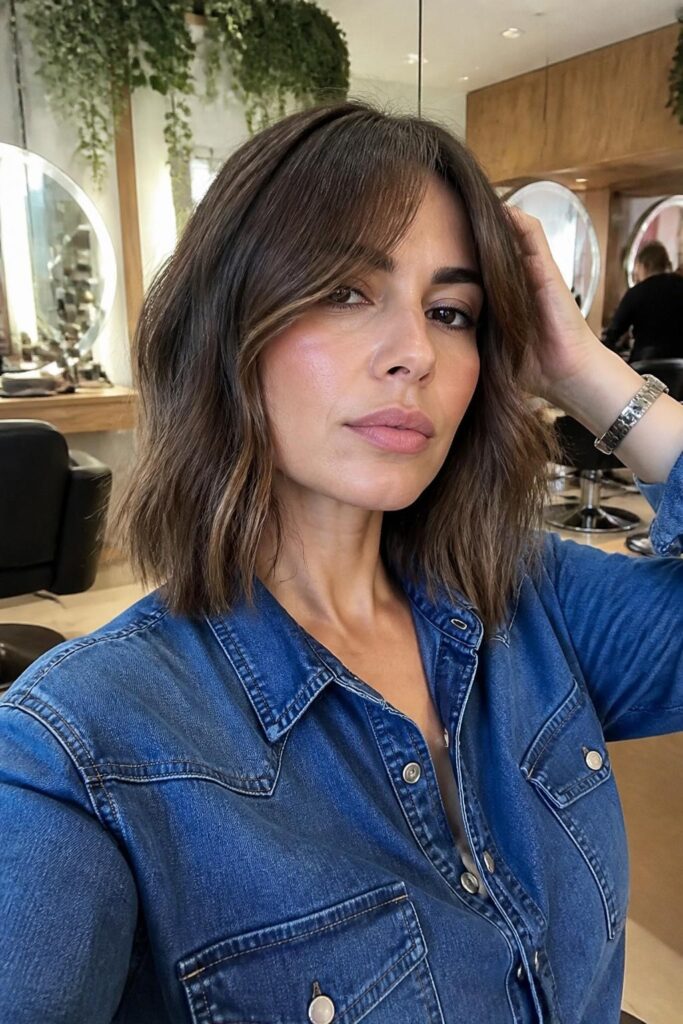 Long bob with curtain bangs for square face