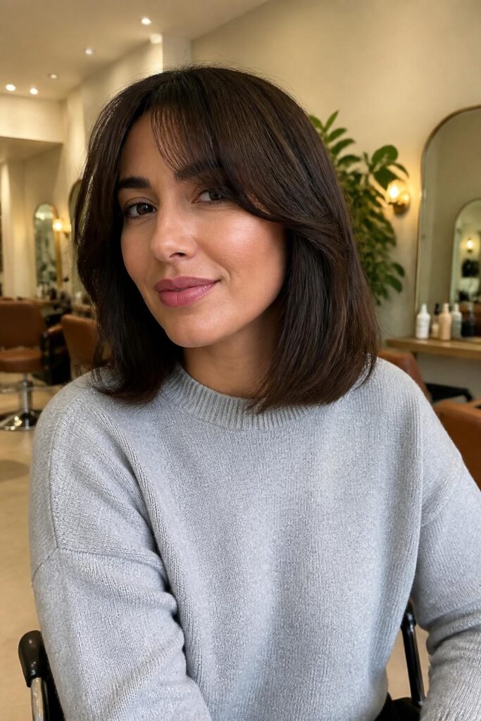 Long bob with curtain bangs for thick hair