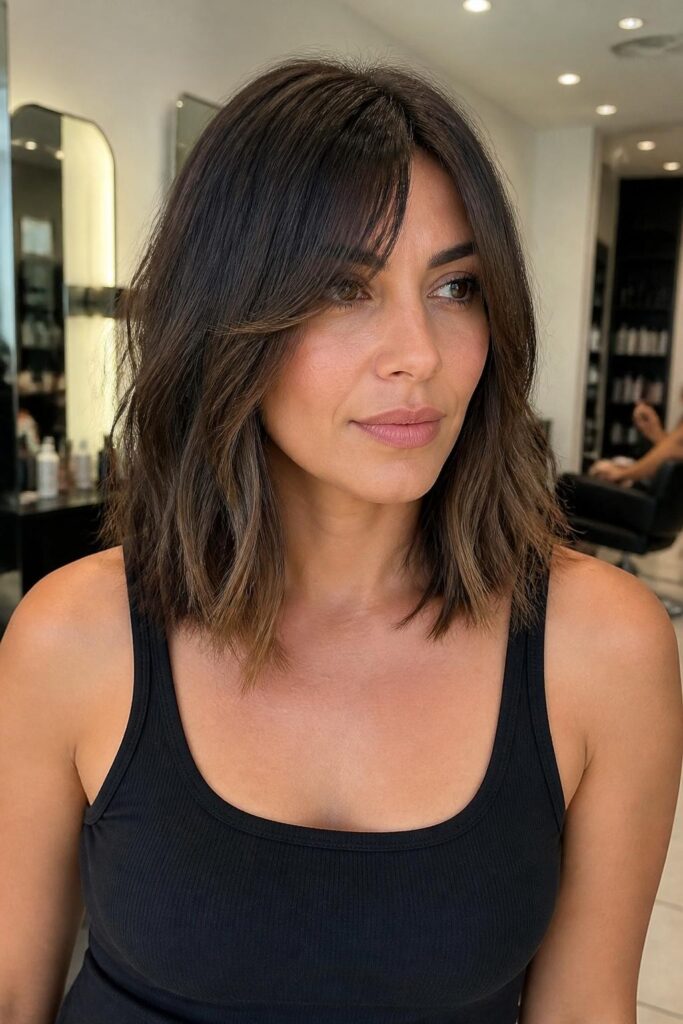 Long bob with long curtain bangs