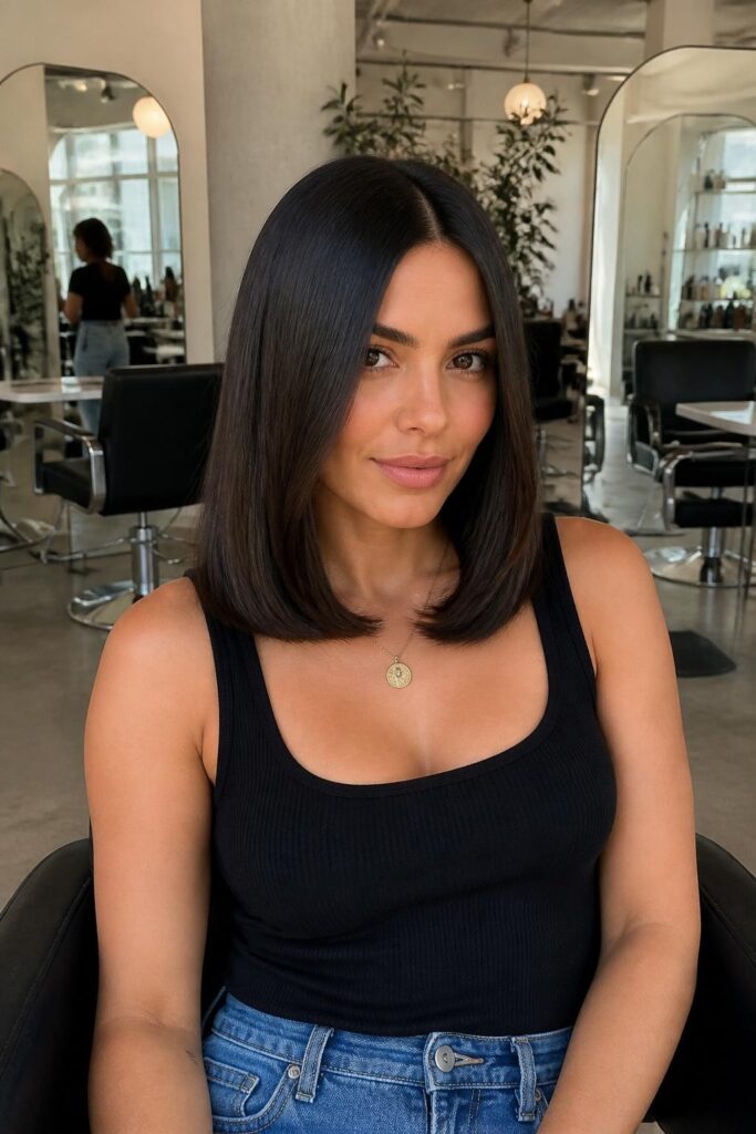 Long bob with rounded ends and center part