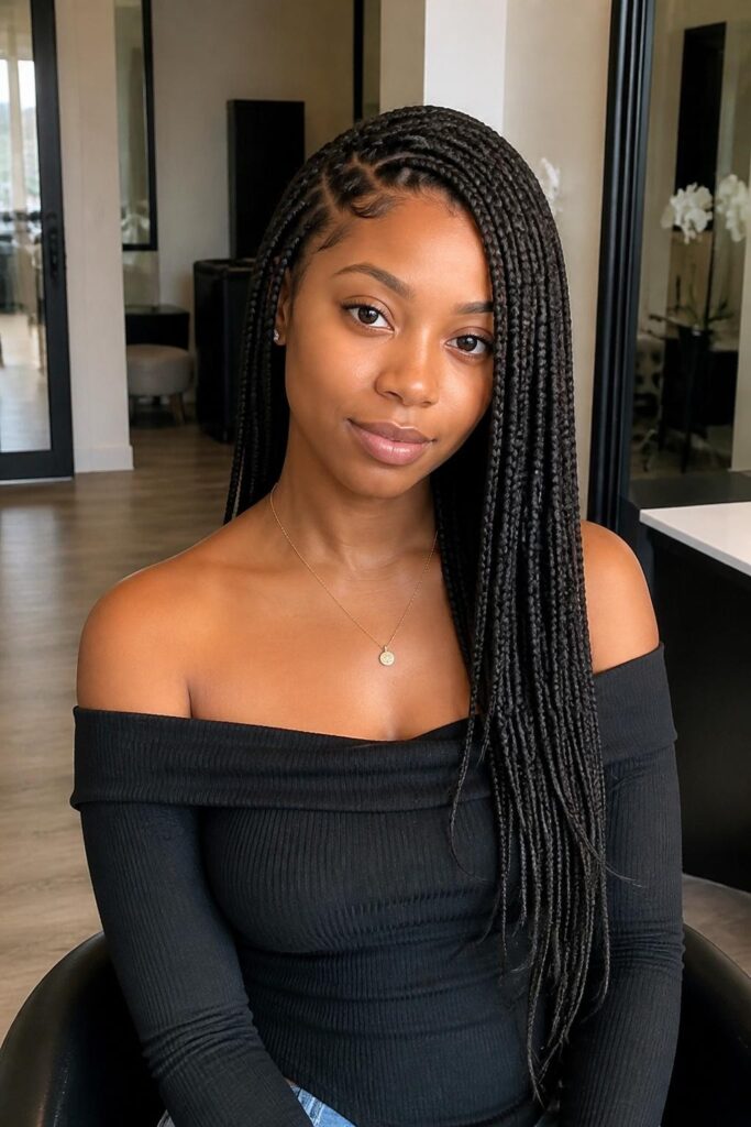 Long boho knotless braids with asymmetrical length