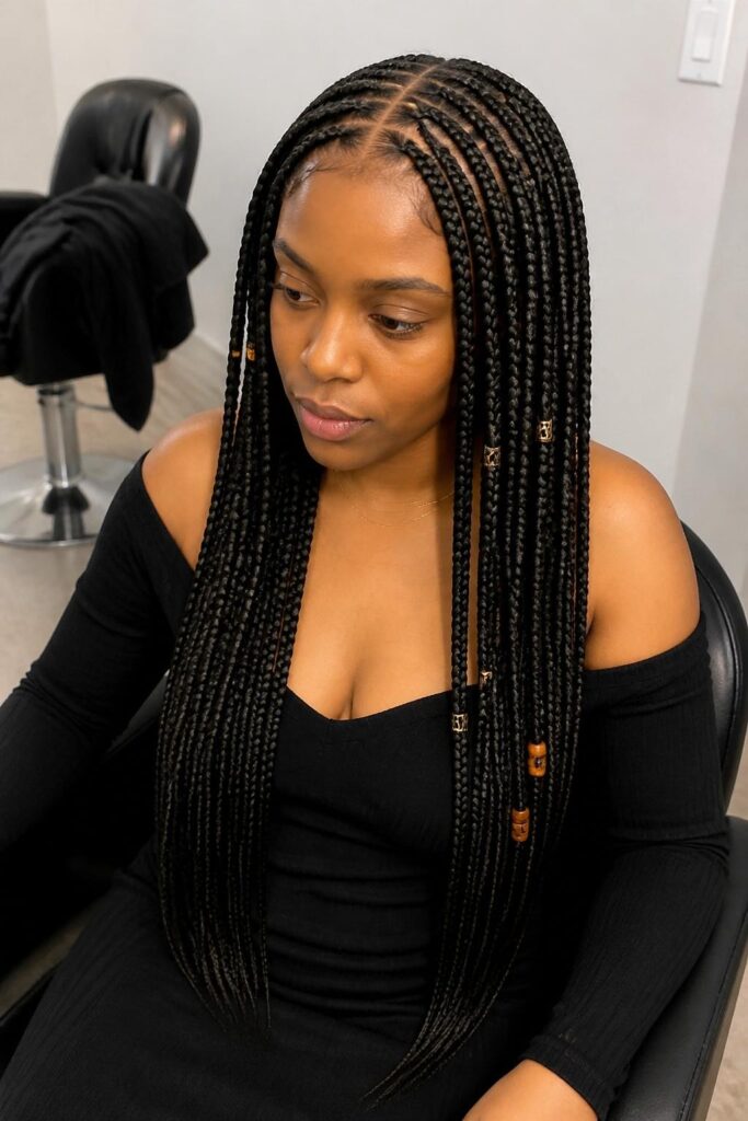 Long boho knotless braids with beads
