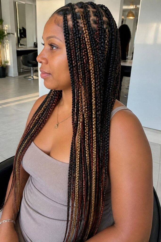 Long boho knotless braids with colored hair strands