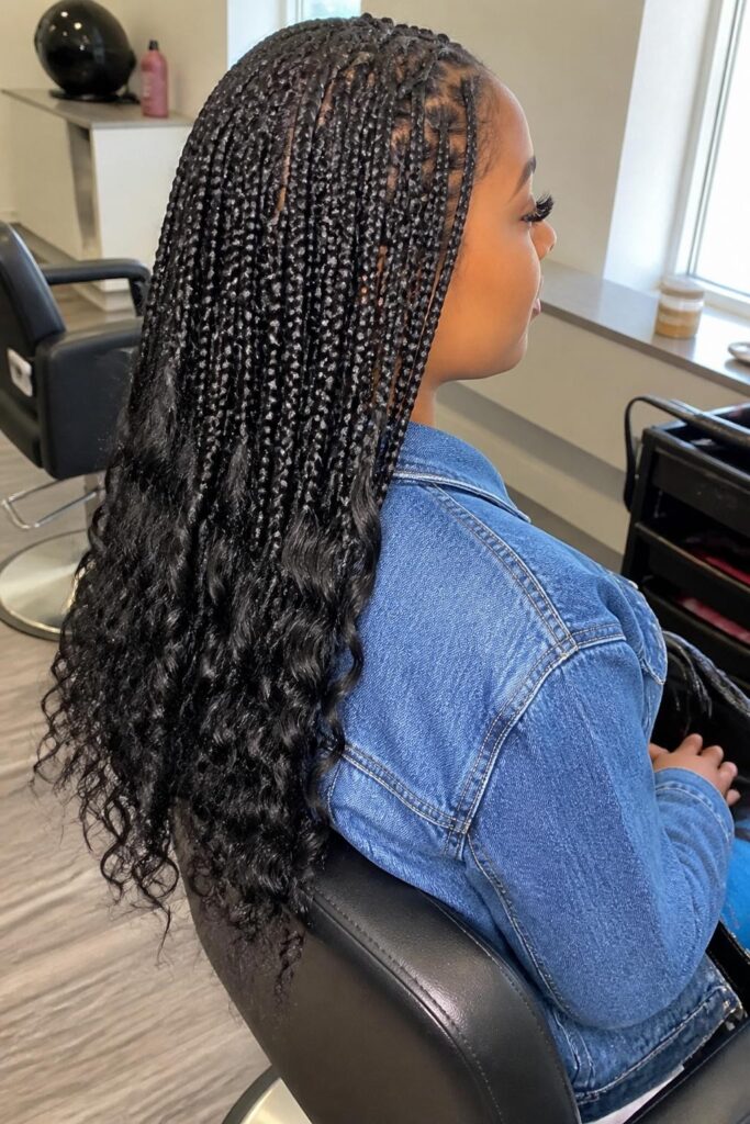 Long boho knotless braids with curls at the ends