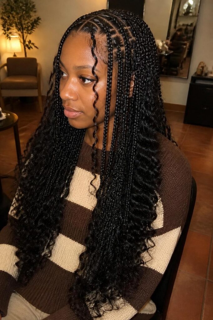 Long boho knotless braids with curly hair extensions