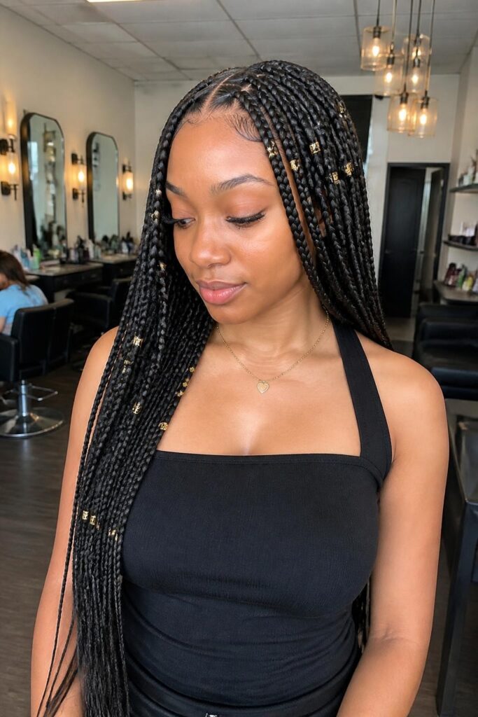 Long boho knotless braids with gold cuffs