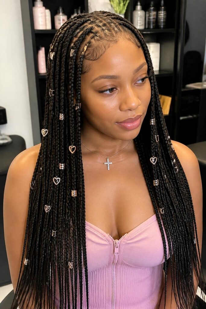 Long boho knotless braids with heart shaped beads