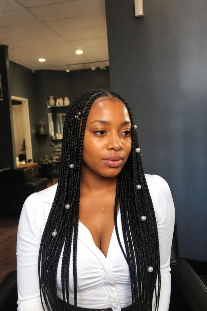 Long boho knotless braids with pearl details