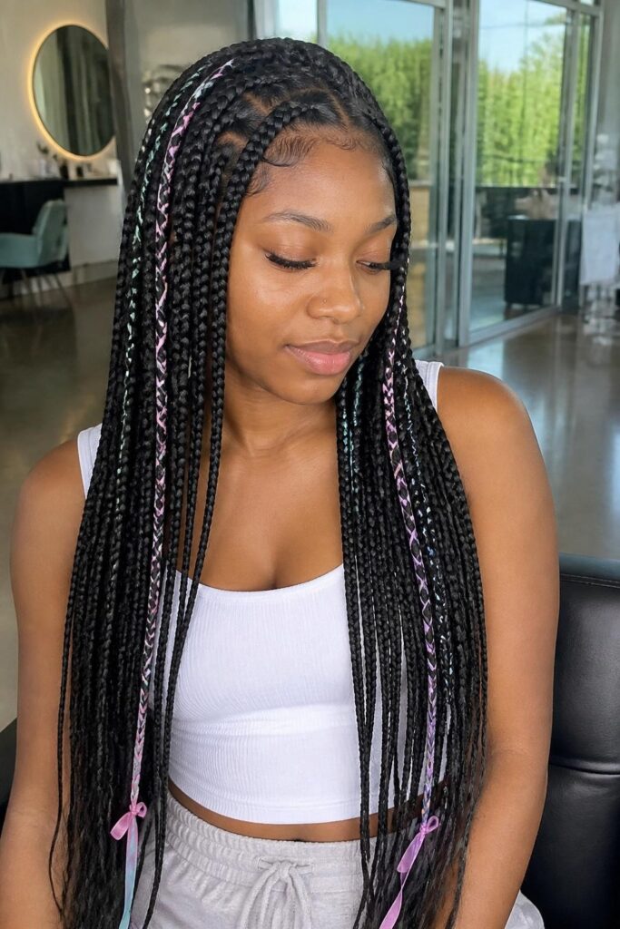 Long boho knotless braids with ribbon wraps