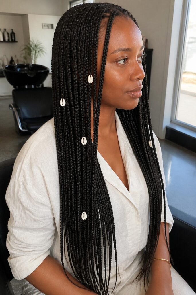 Long boho knotless braids with shell accents