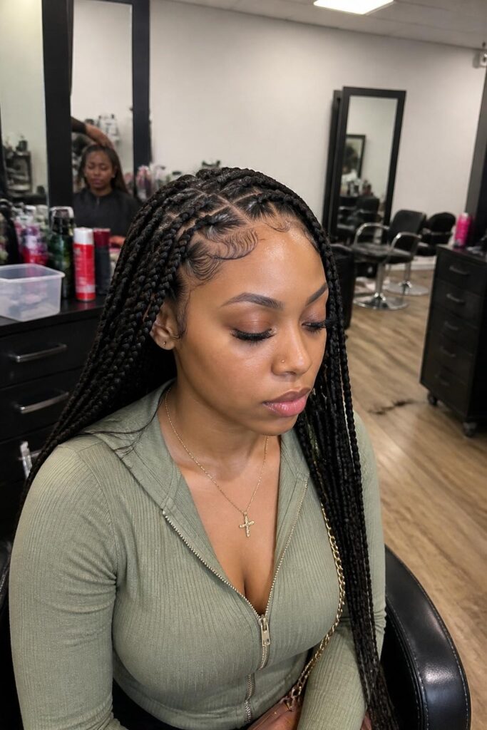 Long boho knotless braids with wispy edges