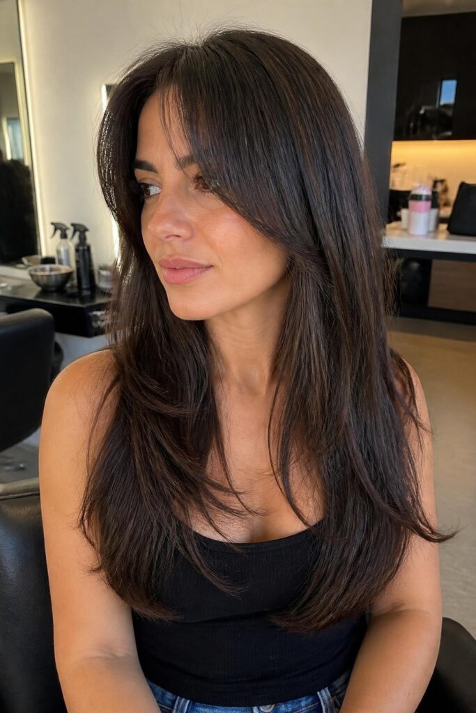 Long layers with curtain bangs