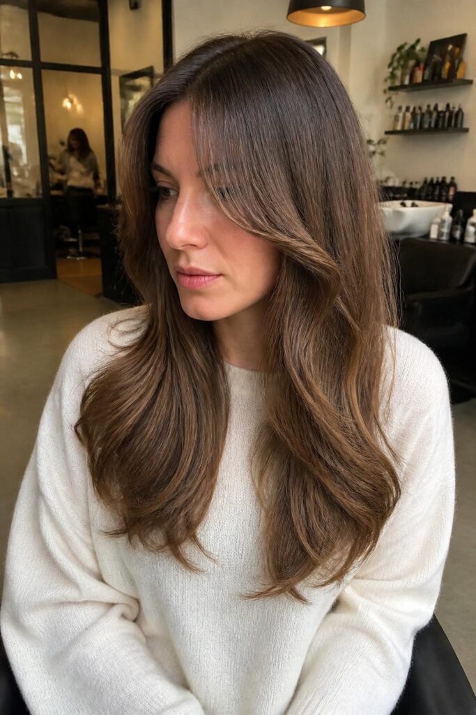 Long layers with curtain side bangs