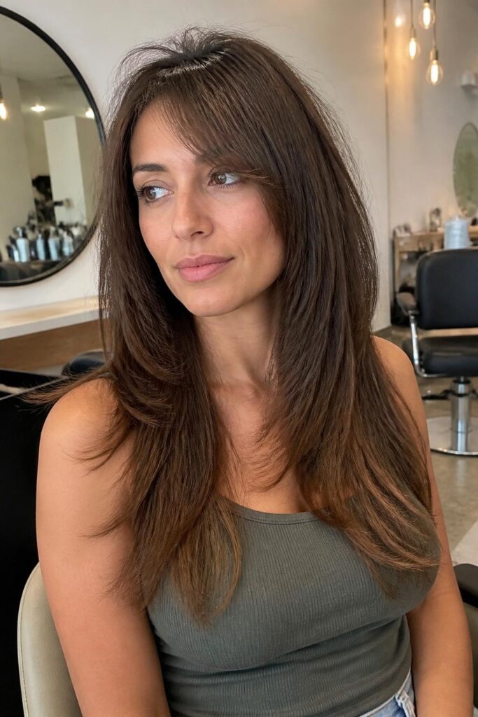 Long layers with side bangs for fine hair