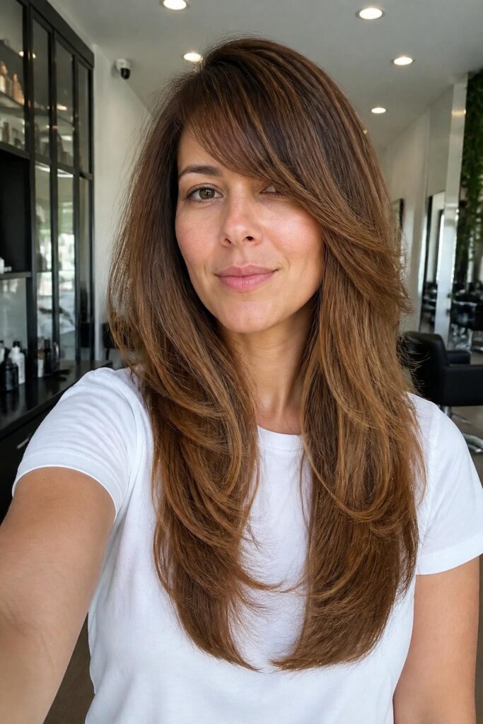 Long layers with side bangs for oval faces