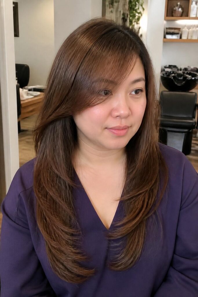 Long layers with side bangs for round faces