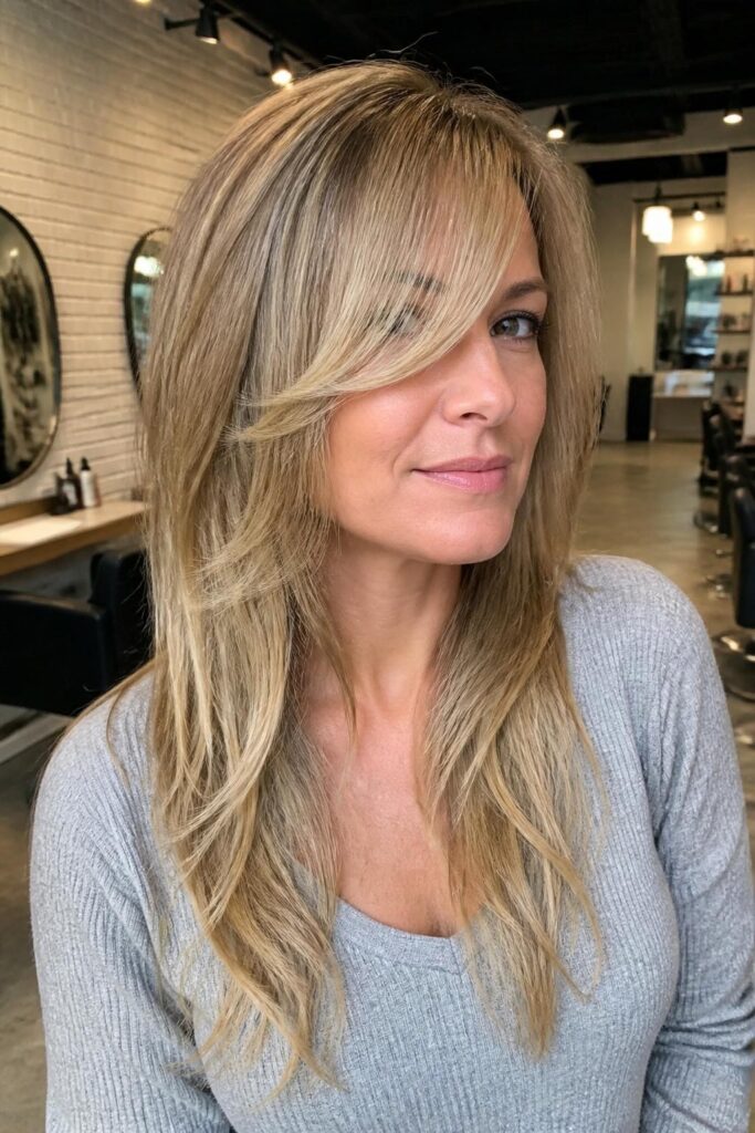 Long layers with side bangs for square faces