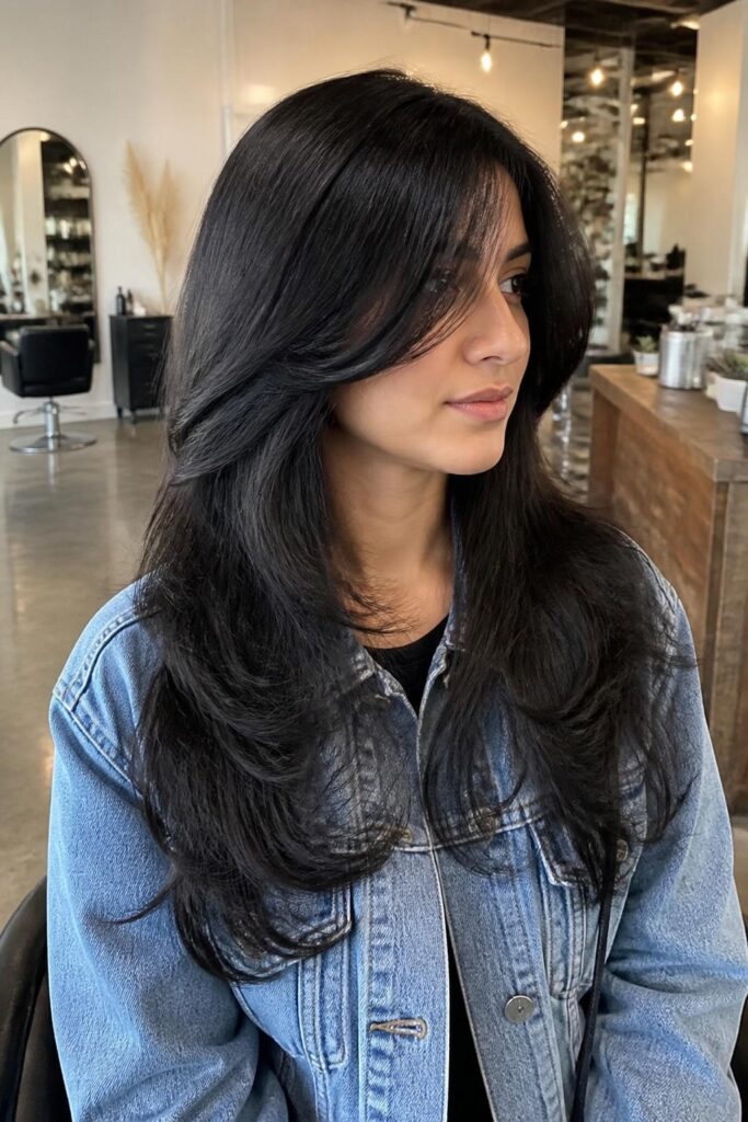 Long layers with side bangs for thick hair