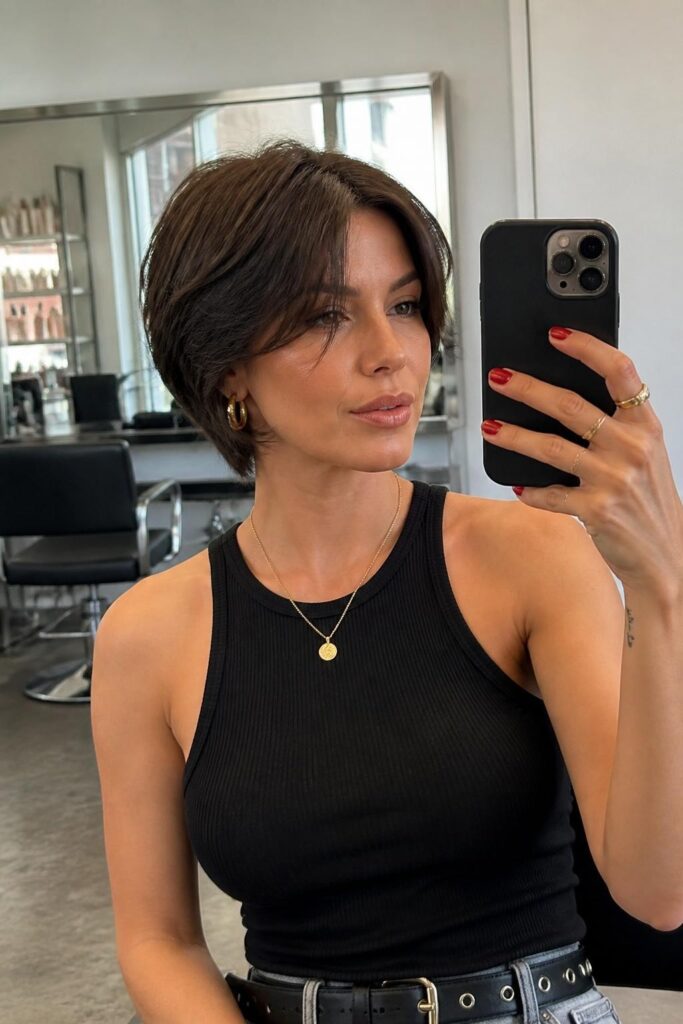 Long pixie bob with curtain bangs