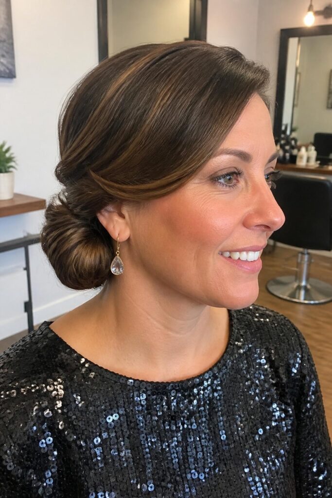 Low bun with a deep side sweep