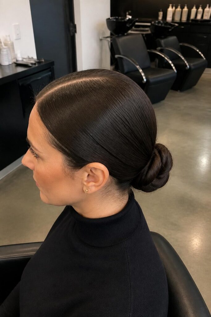 Low bun with a middle part