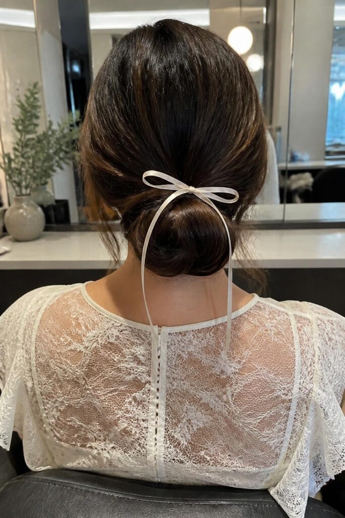 Low bun with a ribbon accent