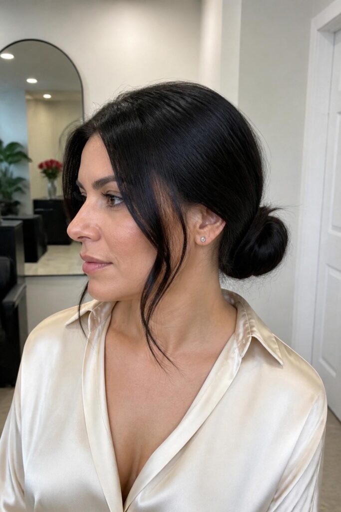 Low bun with face-framing strands